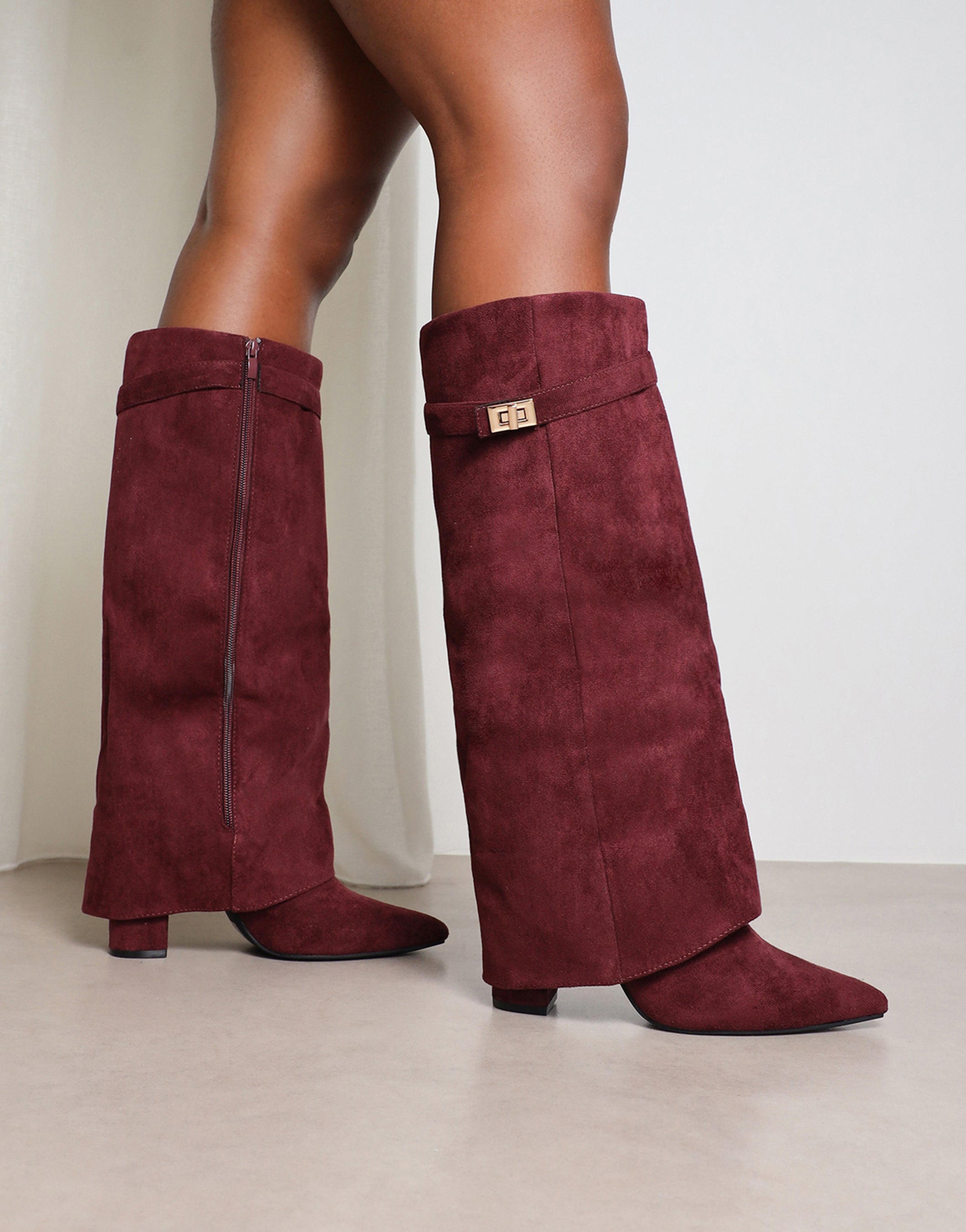 Anais Burgundy Microfibre Foldover Buckle Detail Heeled Boots