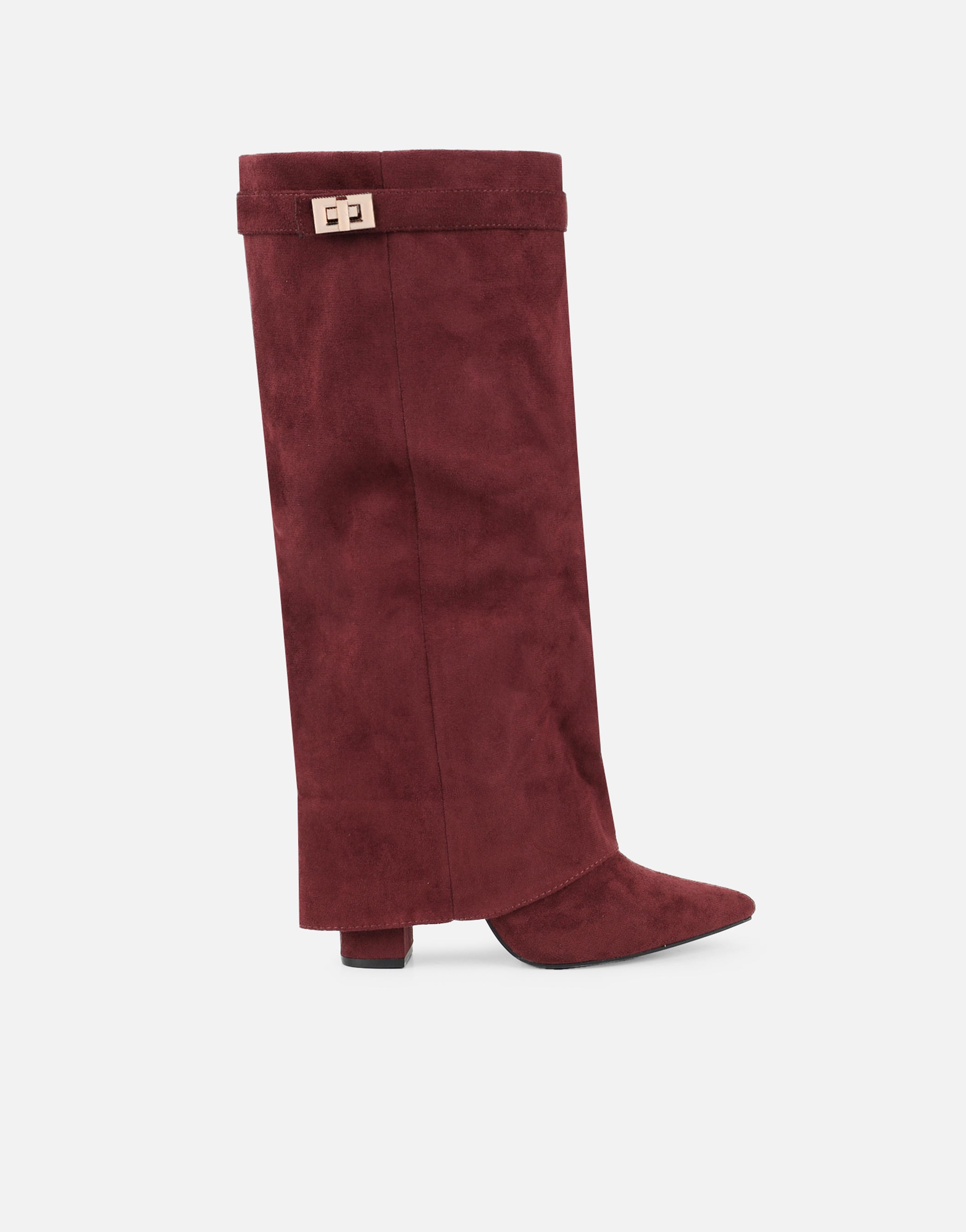Anais Burgundy Microfibre Foldover Buckle Detail Heeled Boots