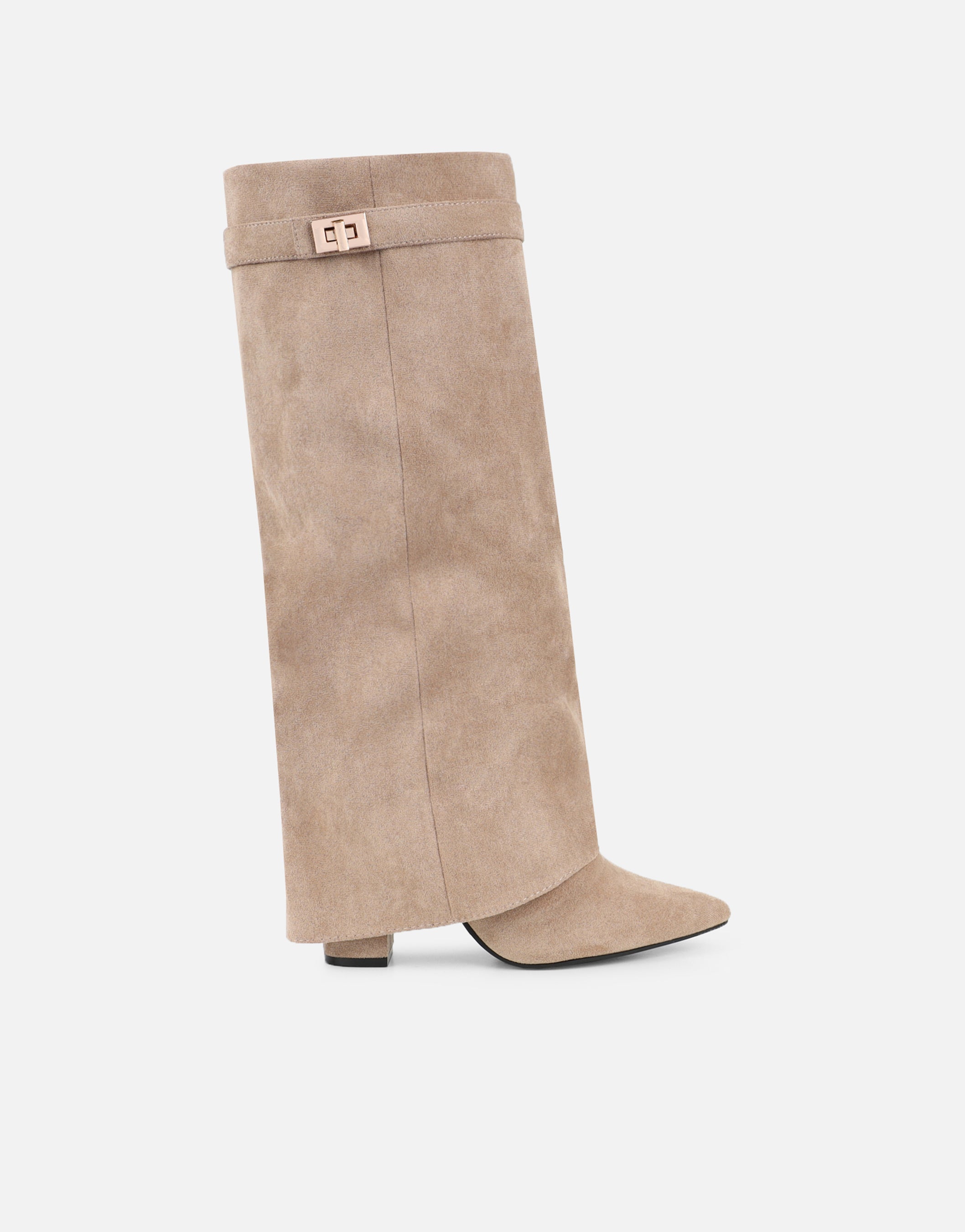Anais Taupe Microfibre Foldover Buckle Detail Heeled Boots