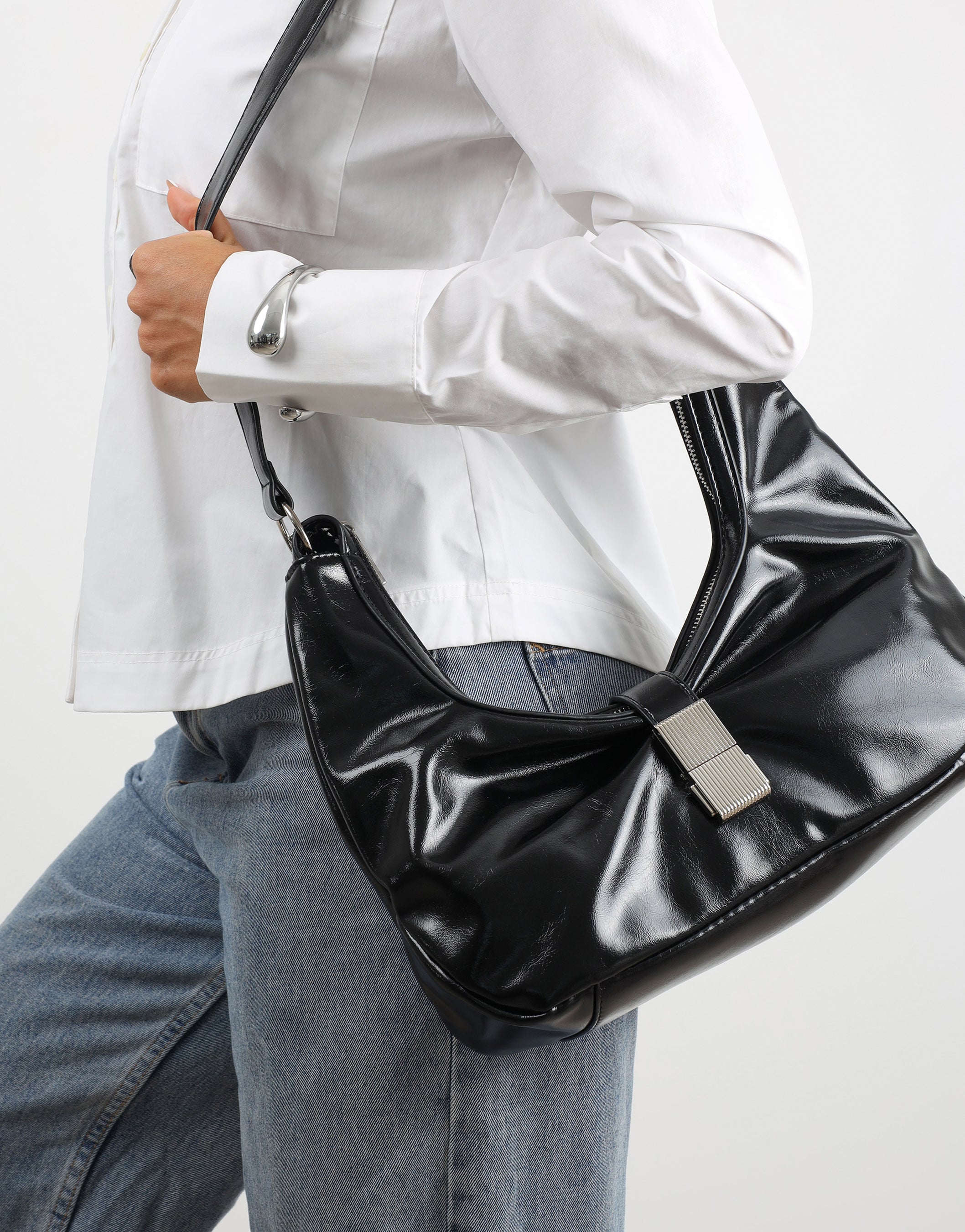 Asher Black Buckle Detail Shoulder Bag
