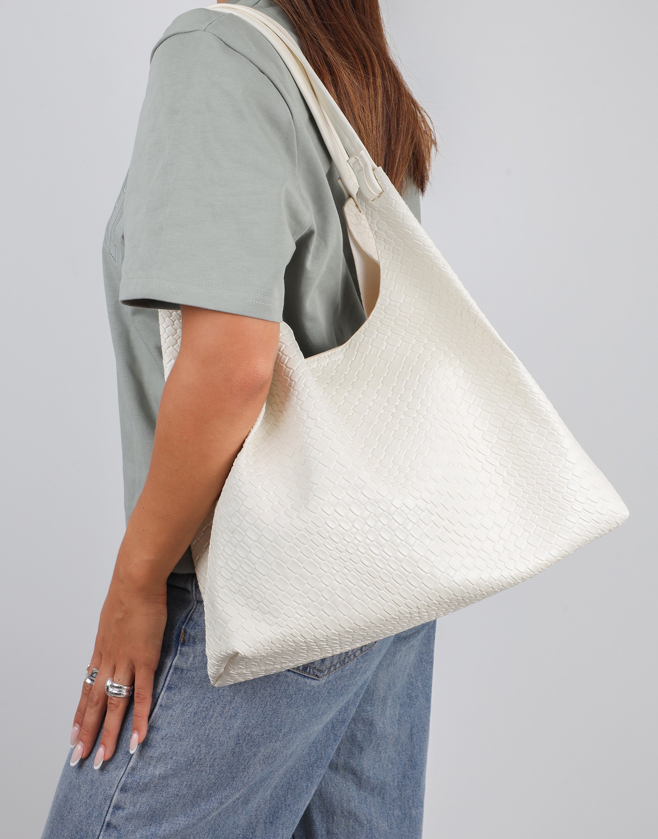 Heather Large Woven Stone Shoulder Bag