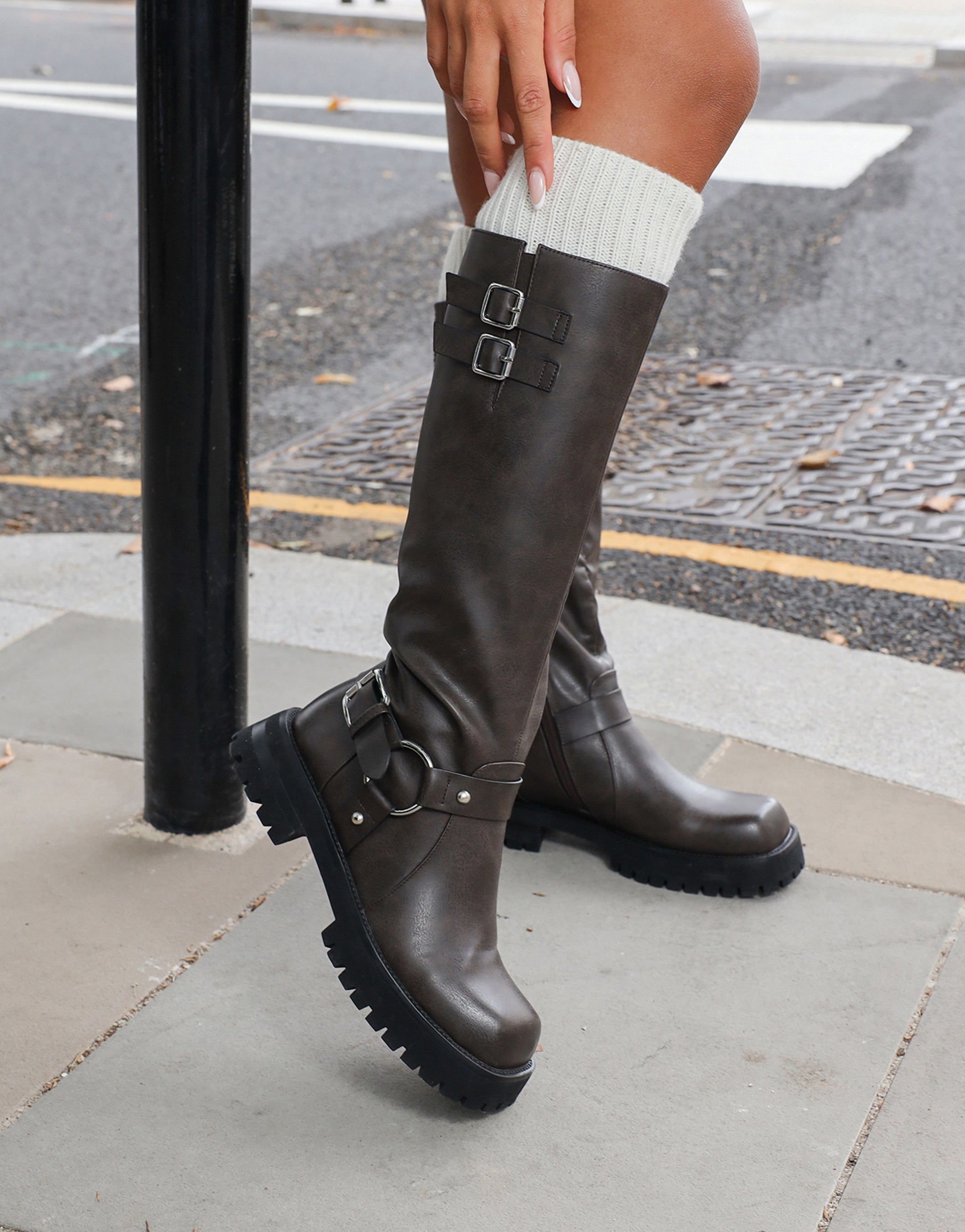 Benton Vintage Brown Knee High Chunky Biker Boots
