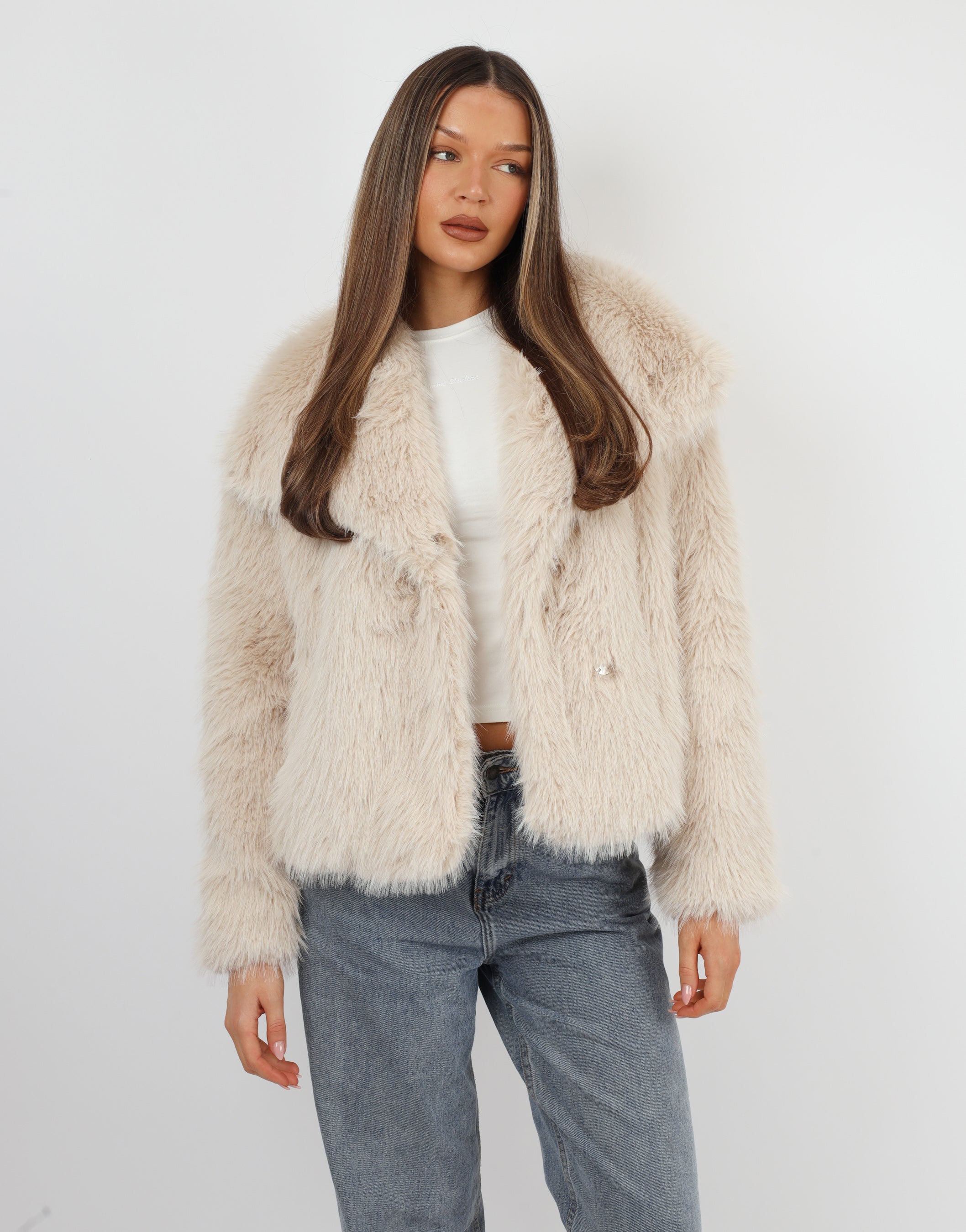 Arabella Oversized Collar Premium Faux Fur Coat in Beige