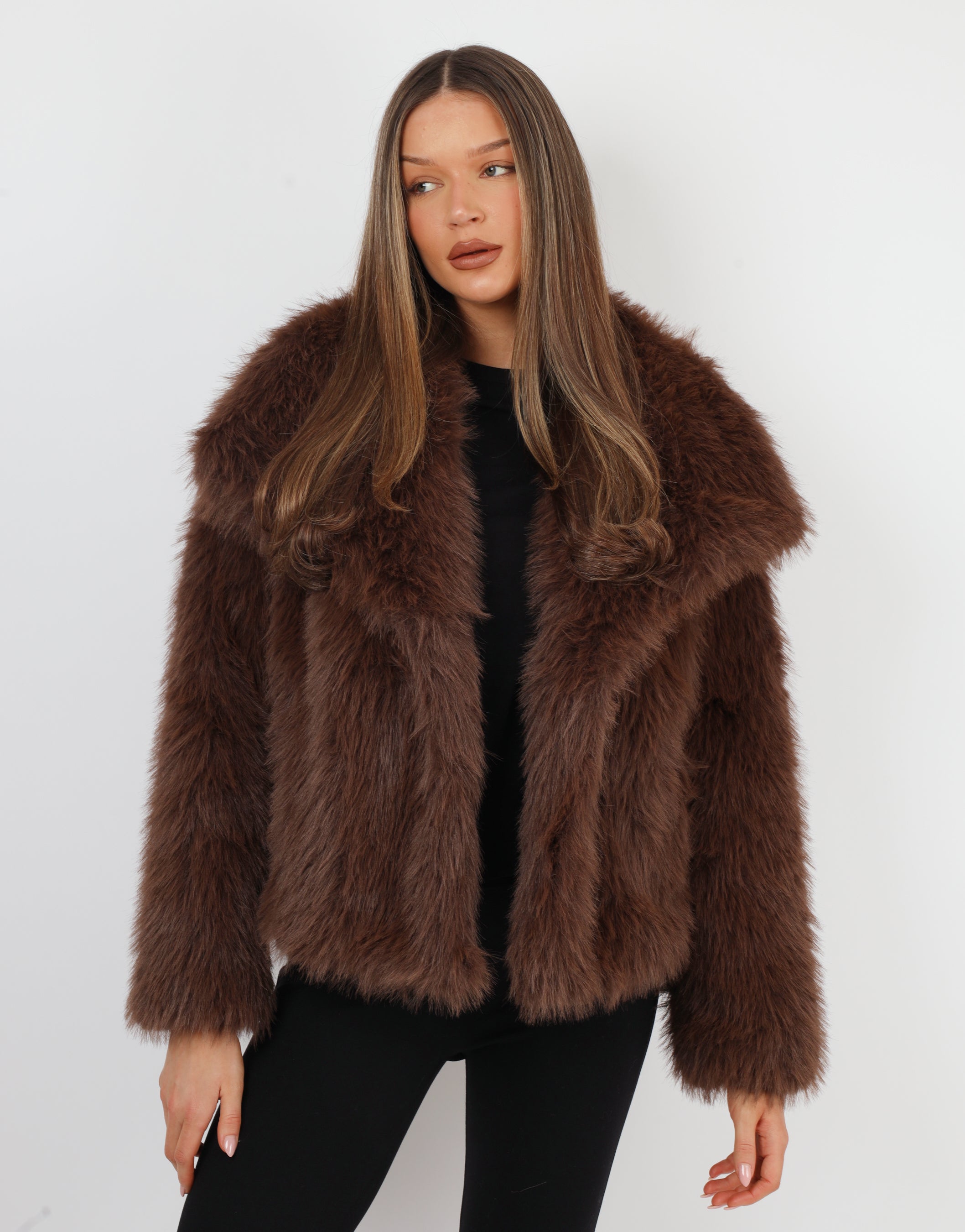Arabella Oversized Collar Premium Faux Fur Coat in Dark Brown