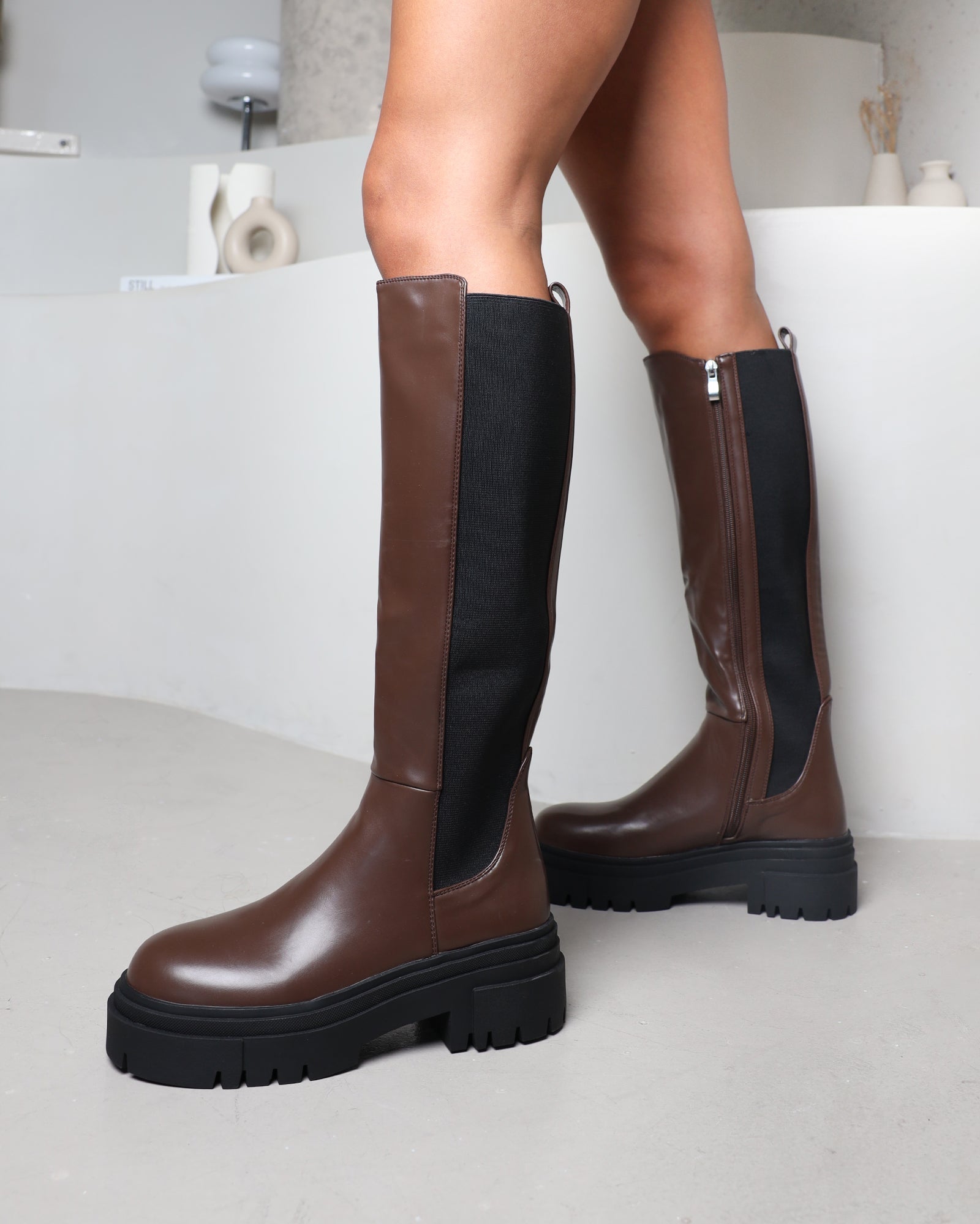 Bernard Brown Chunky Knee Boots
