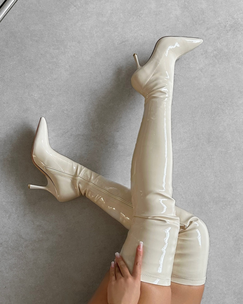 Vermont Stone Patent Stretch Over The Knee Boots