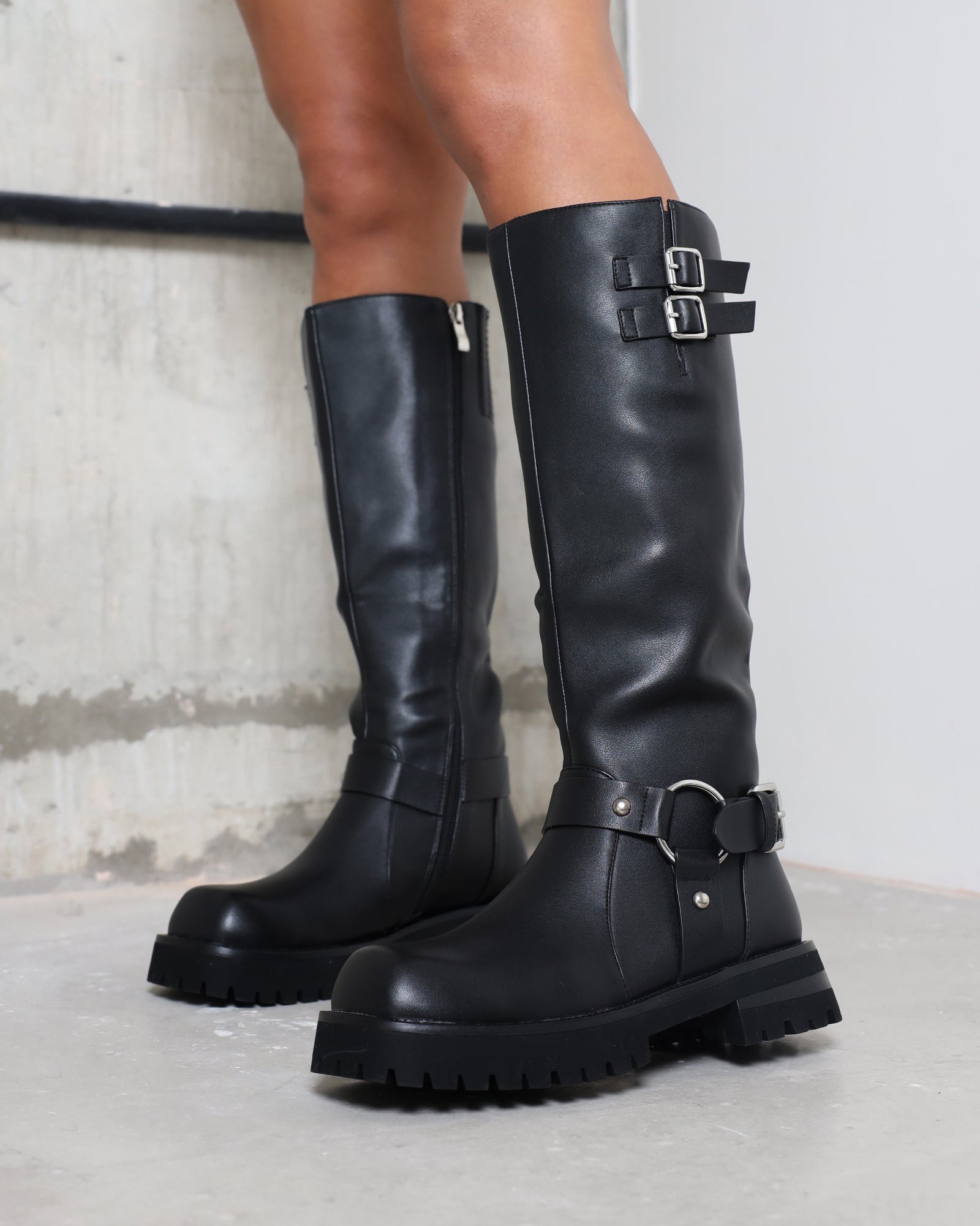 Benton Black Knee High Chunky Biker Boots