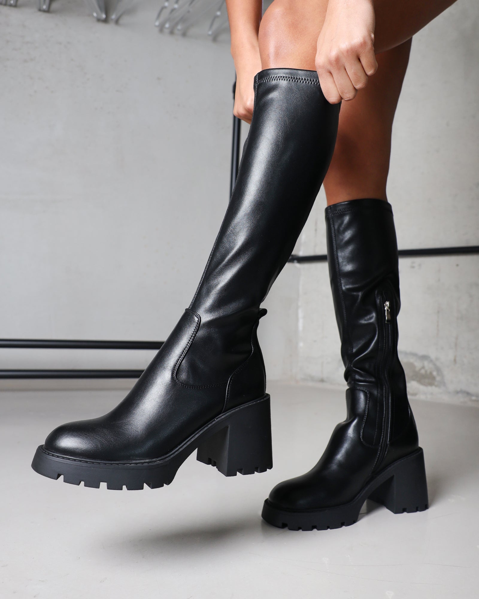 Bryce Black Stretch Knee High Chunky Boots
