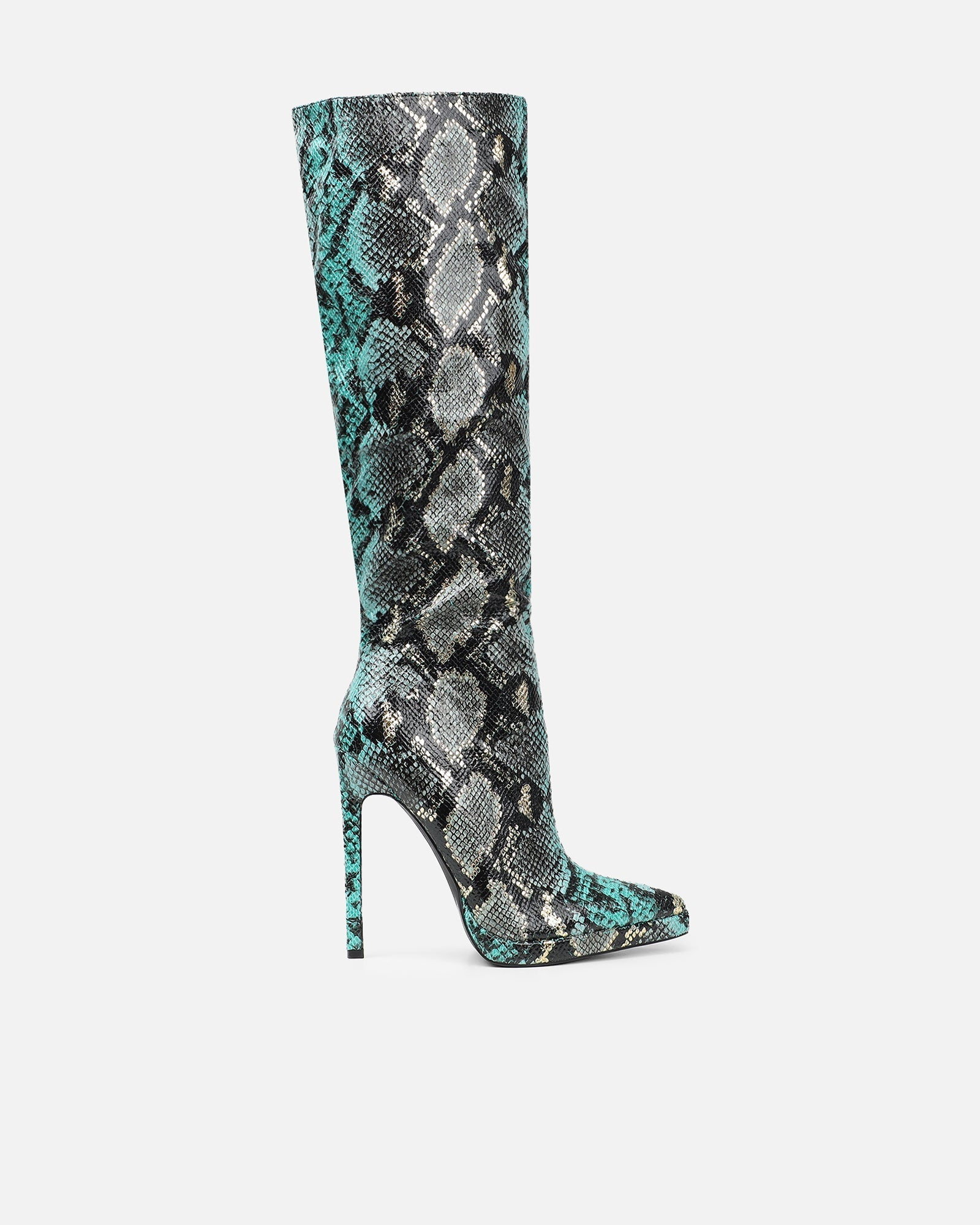 Bentoni Green Snake Effect Knee Boots