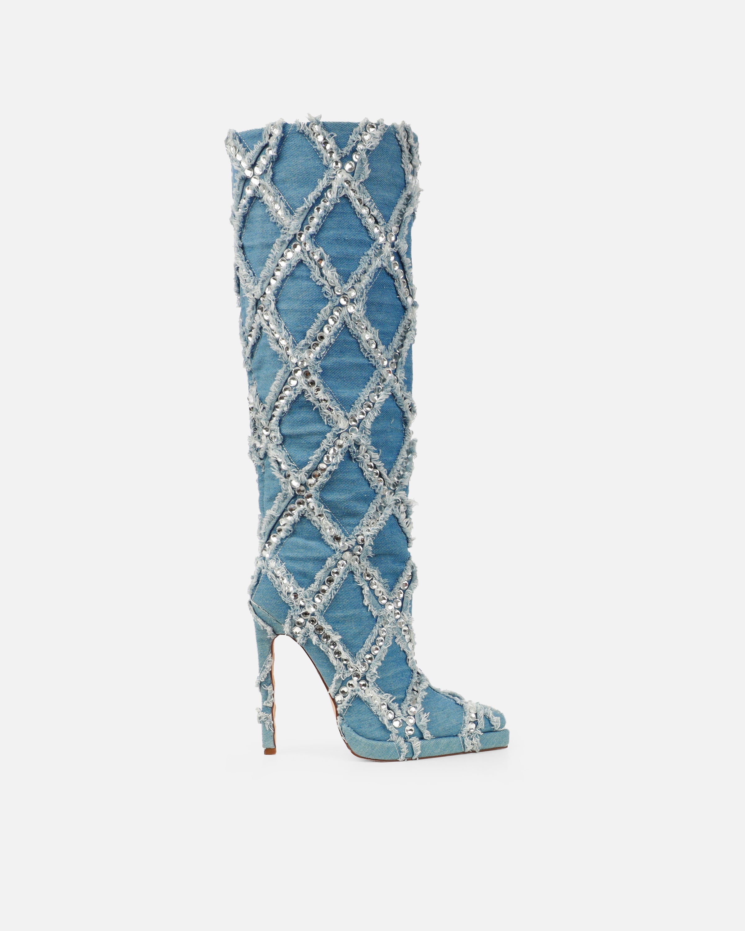 Bobby Denim Blue Diamante Knee High Boots