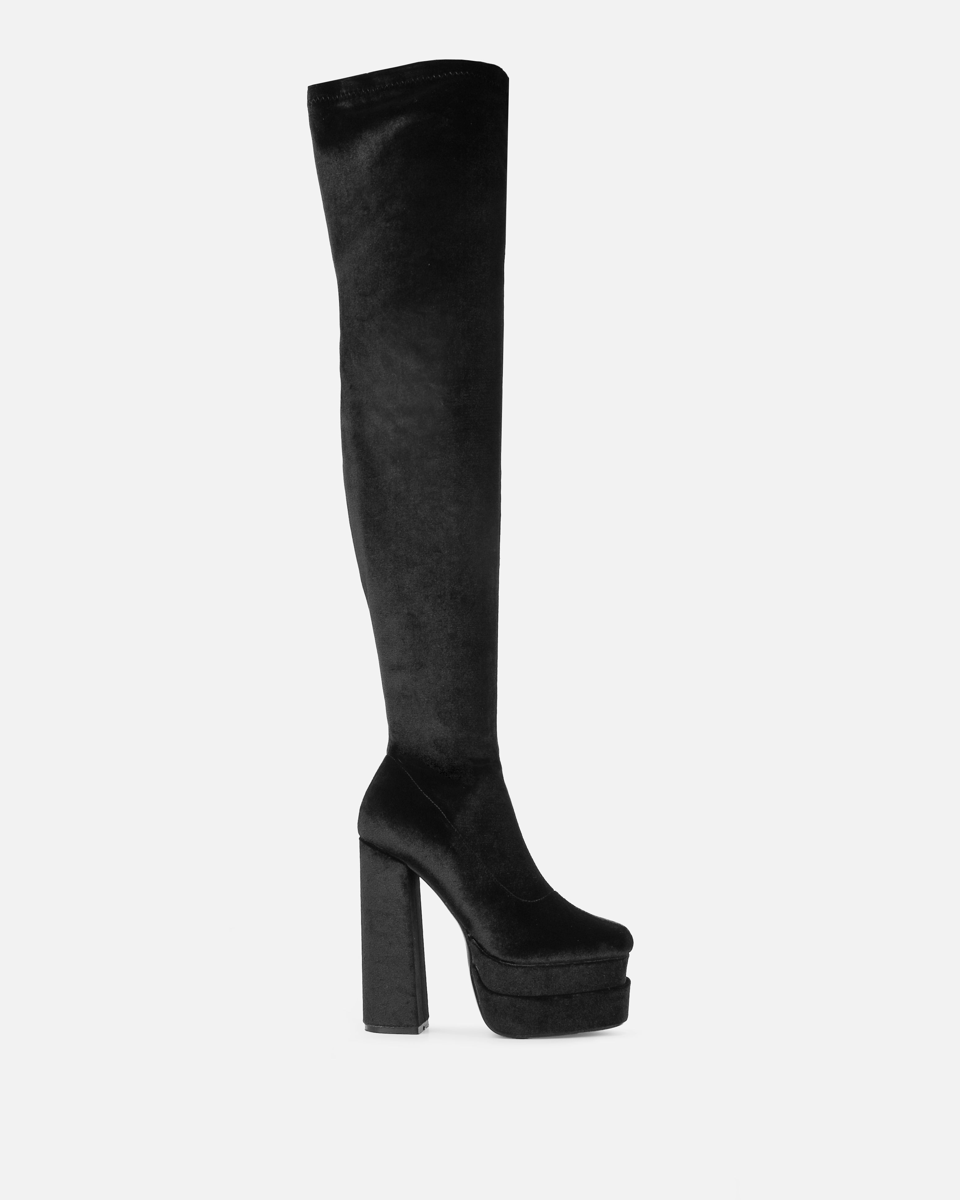Addams Black Velvet Double Platform Thigh High Boots