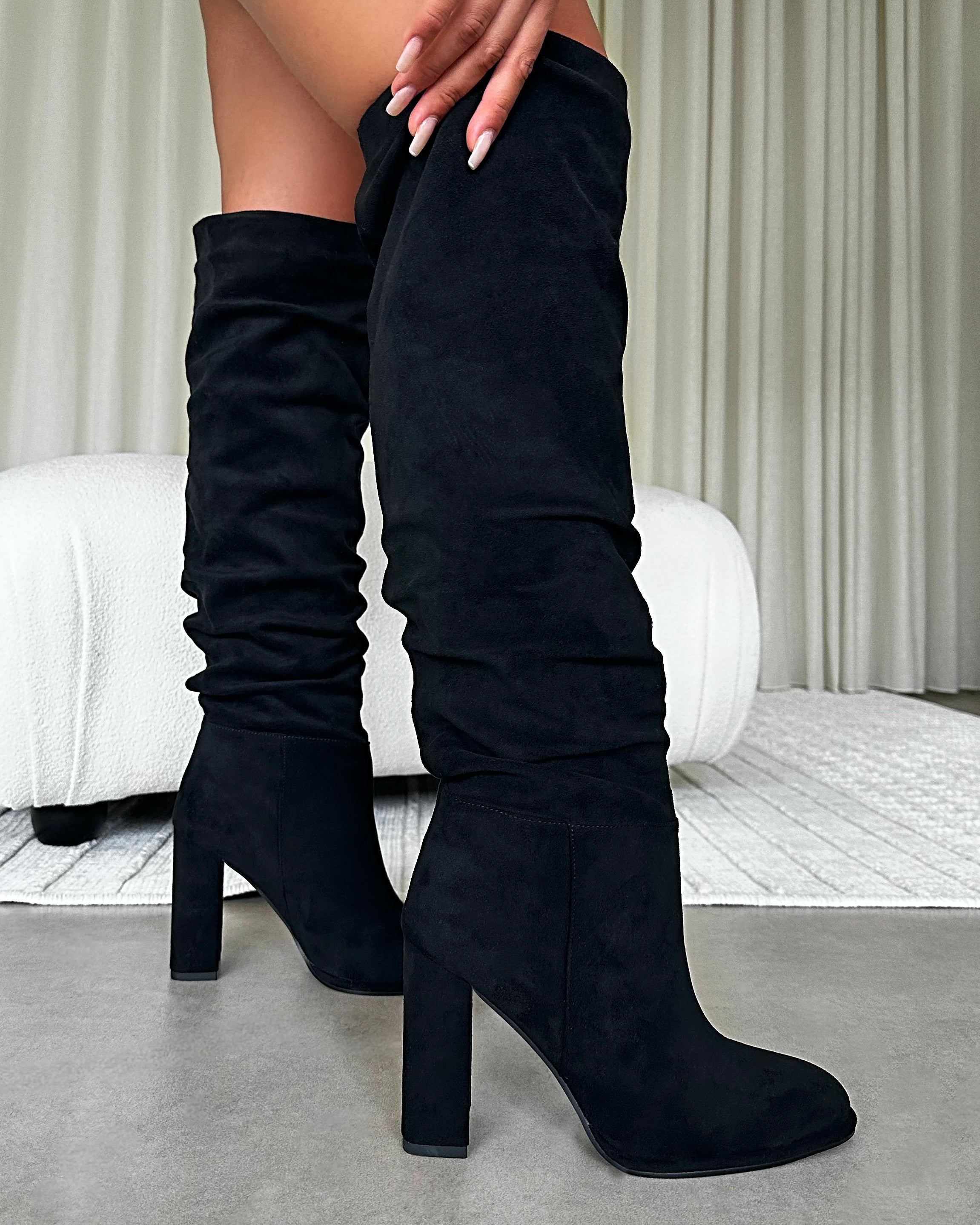 Sylvestor Black Faux Suede Block Heel Slouch Knee High Boots