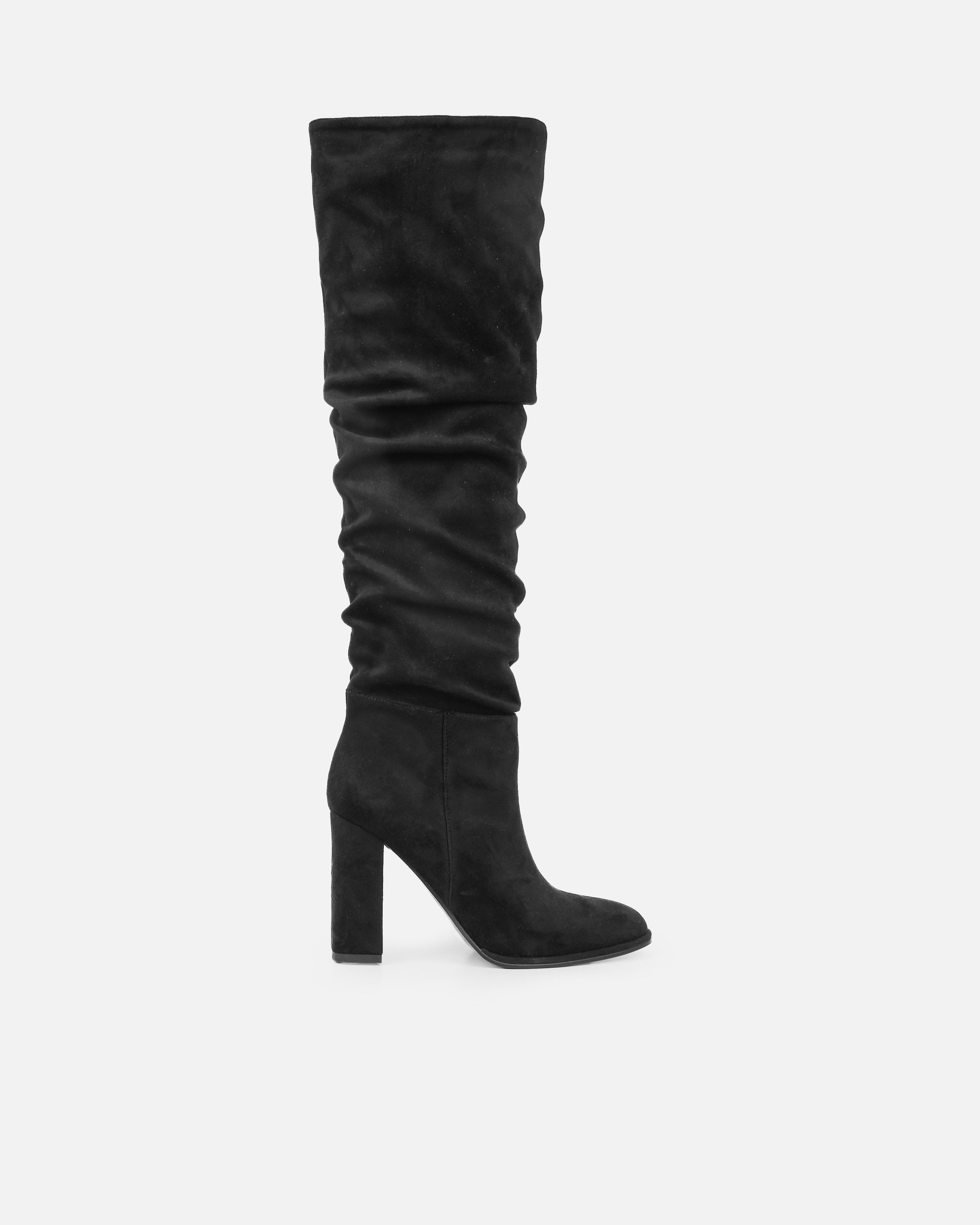 Sylvestor Black Faux Suede Block Heel Slouch Knee High Boots