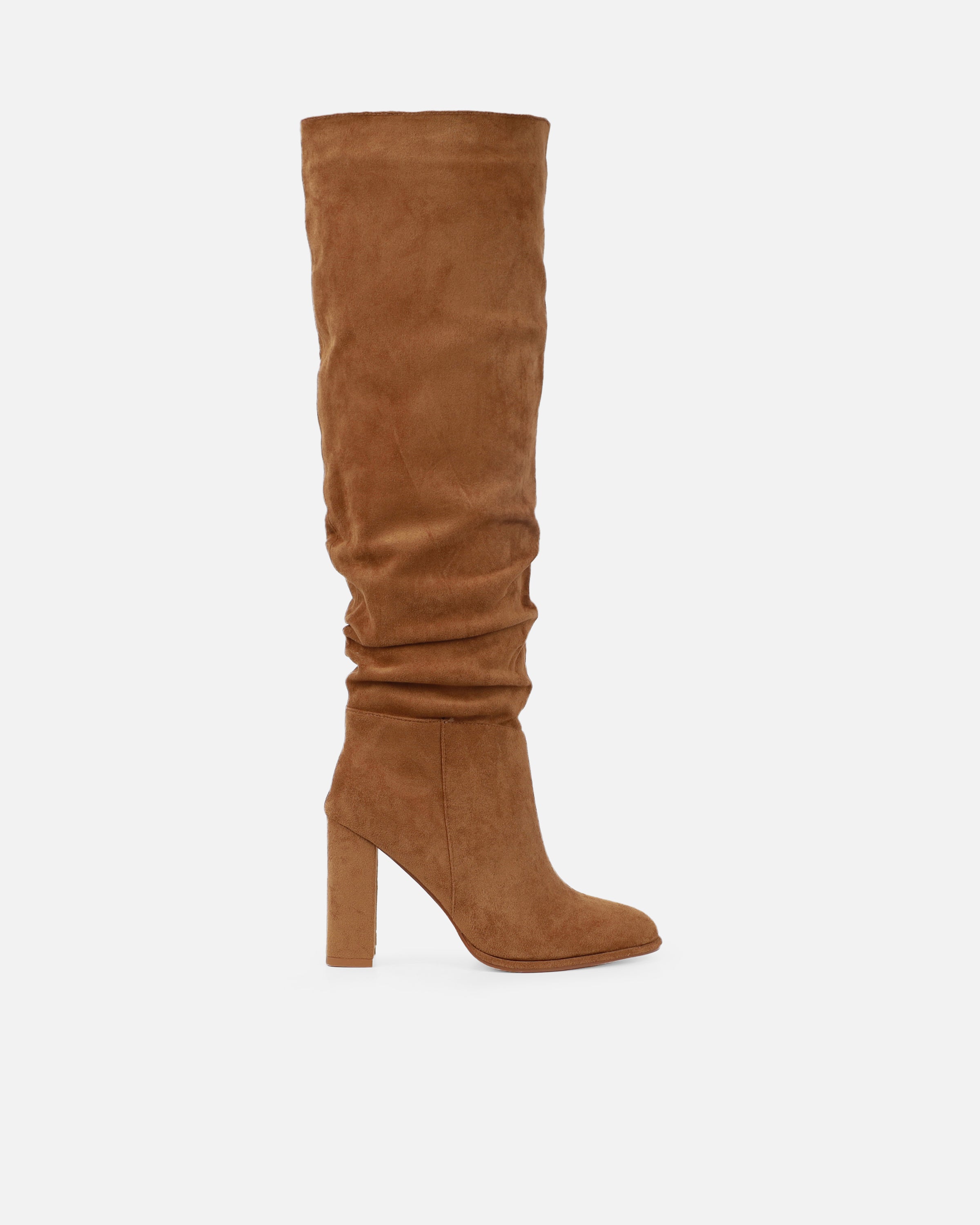 Sylvestor Tan Faux Suede Block Heel Slouch Knee High Boots