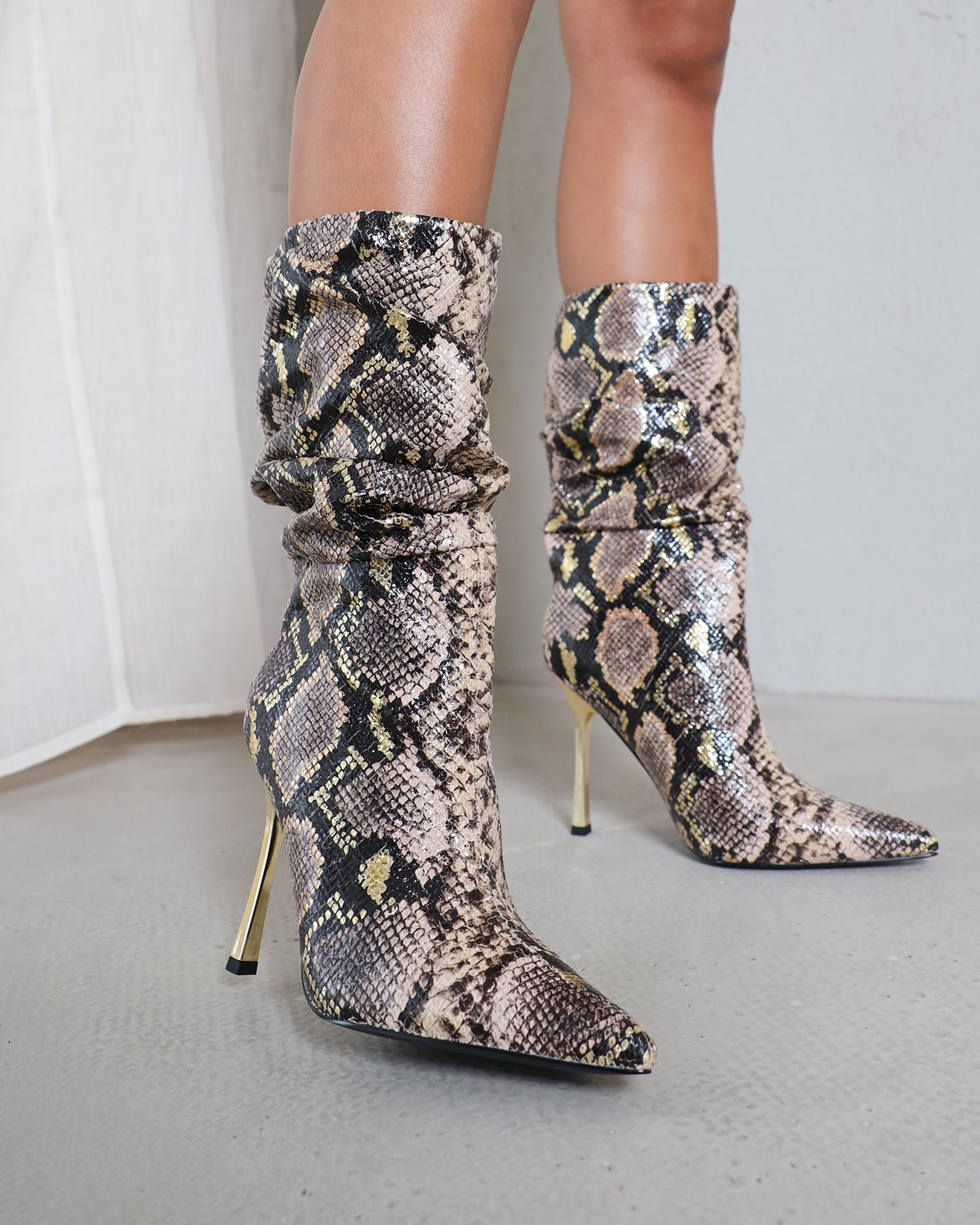 Brette Beige Snake Effect Ruched Heeled Boots