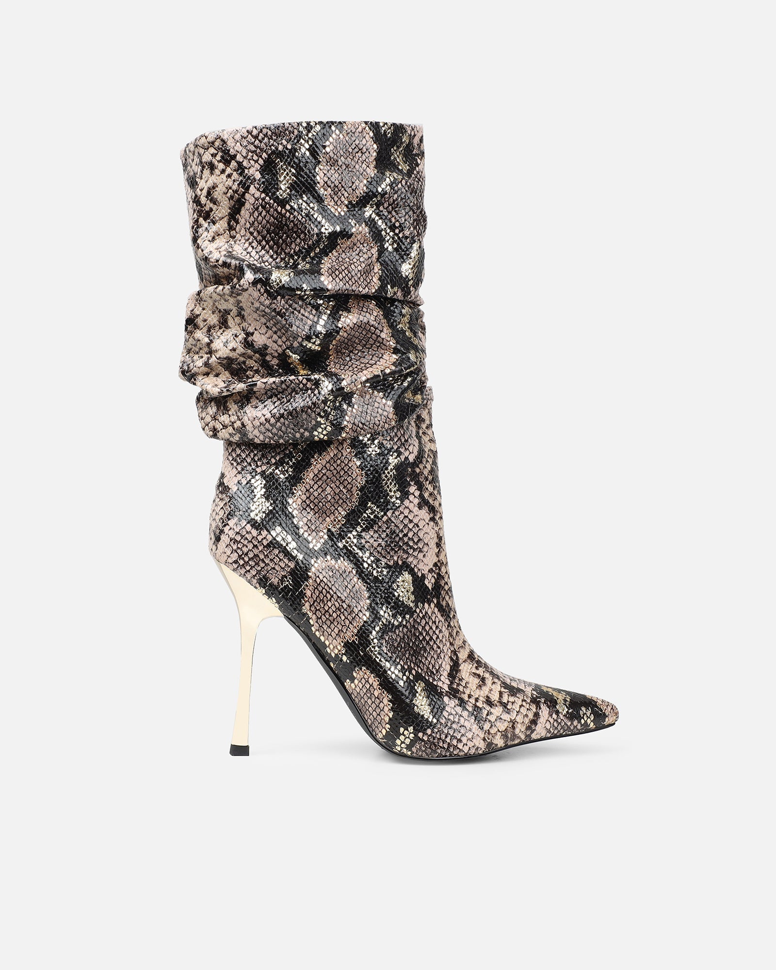 Brette Beige Snake Effect Ruched Heeled Boots
