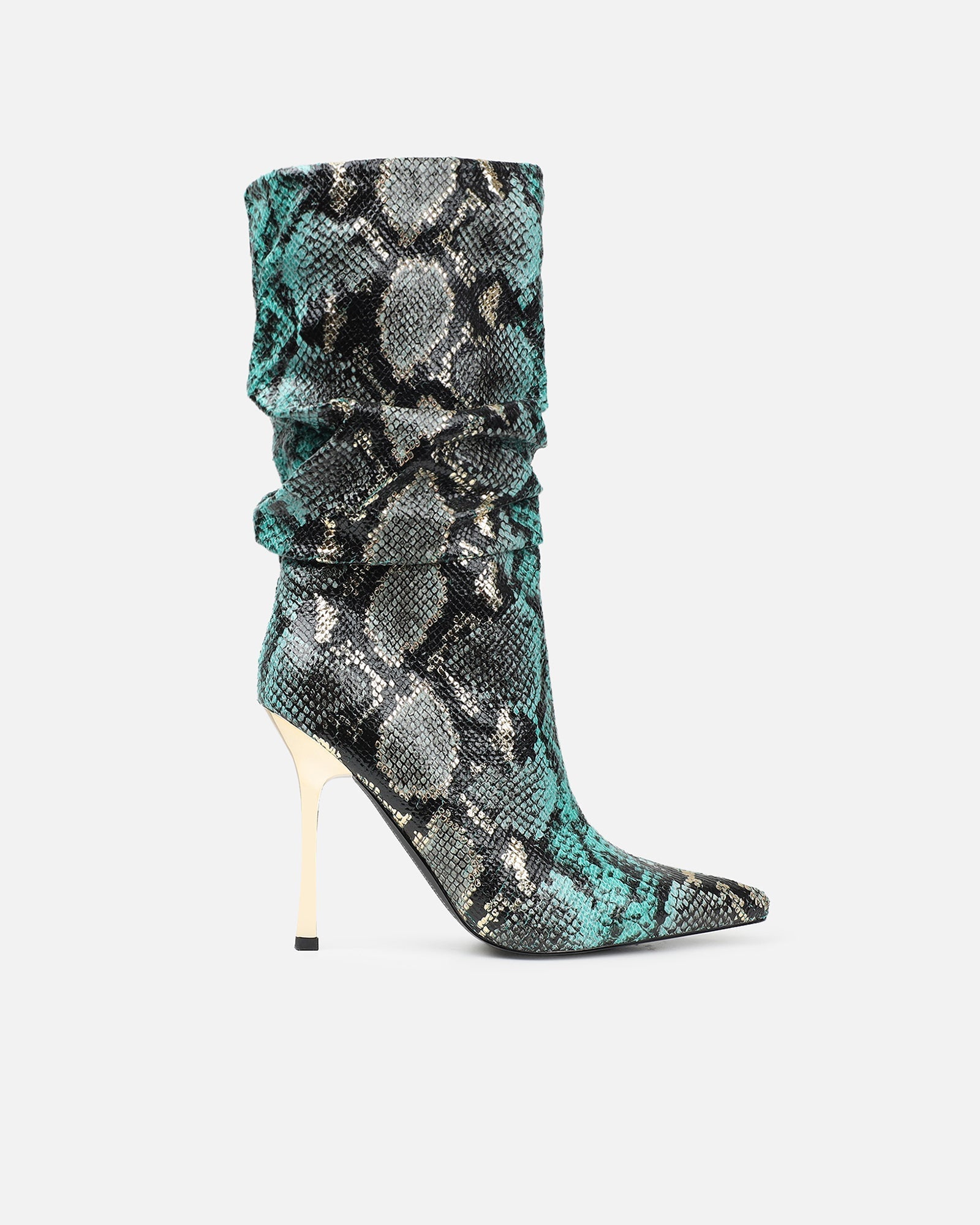 Brette Green Snake Effect Ruched Heeled Boots