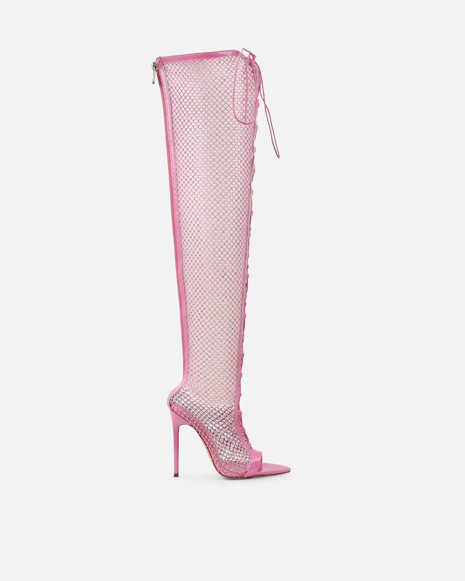Talitha Bright Pink Diamante Lace Up Thigh High Heels