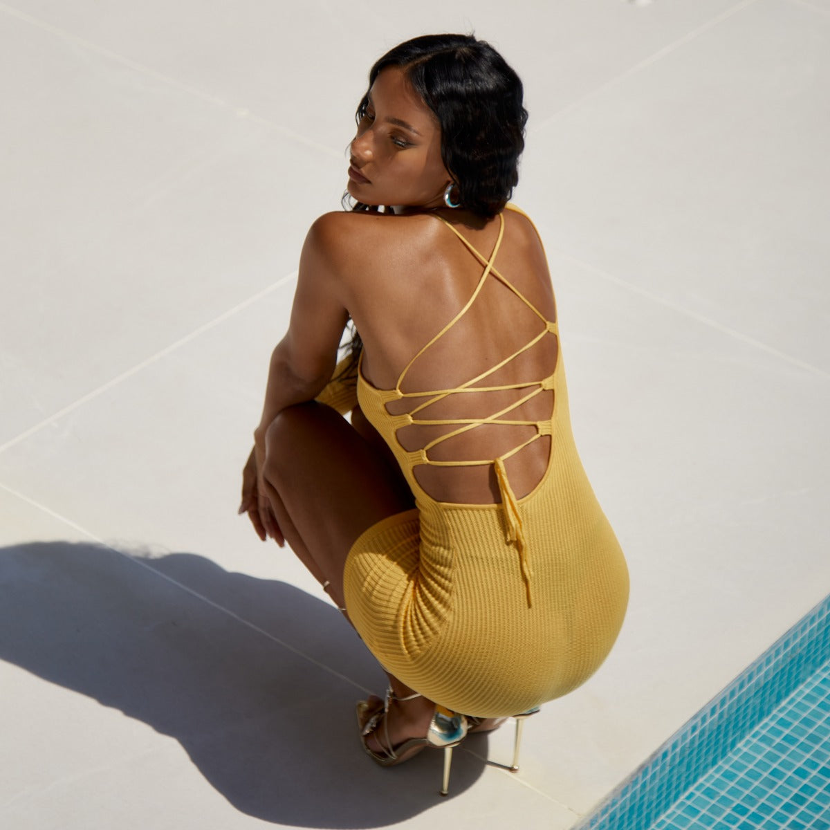 Sorbet Mango Rib Knit Lace Up Back Mini Dress