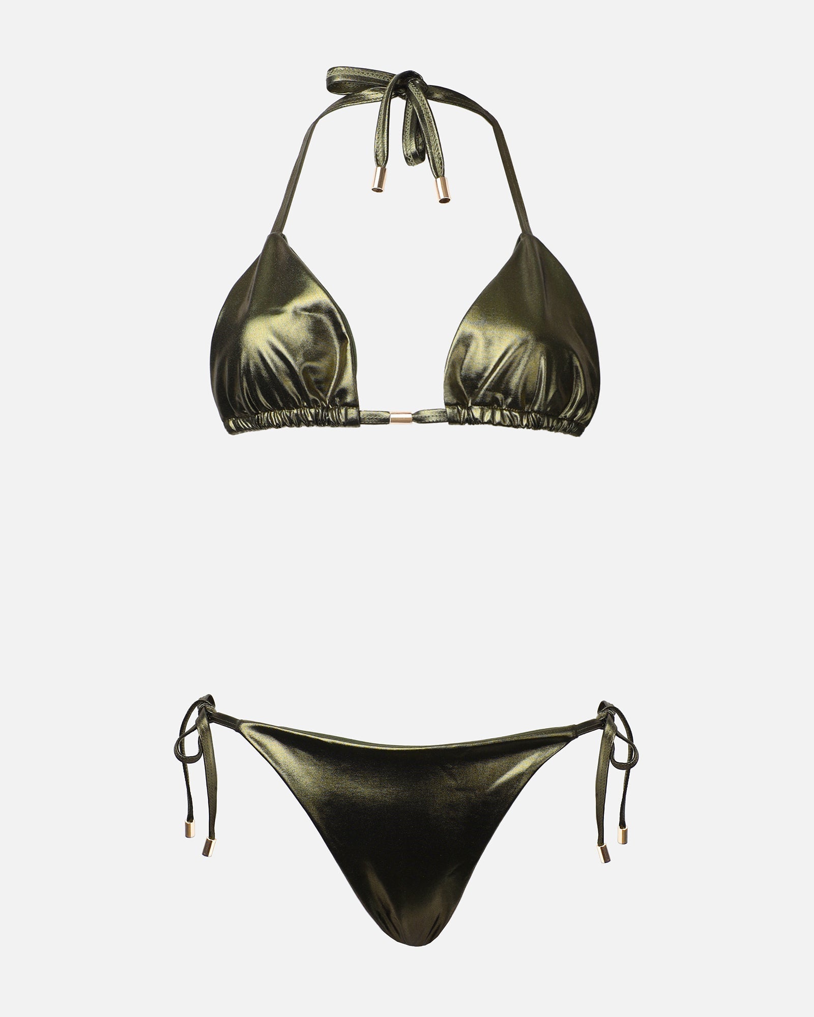 Amina Khaki Metallic Triangle Bikini Set