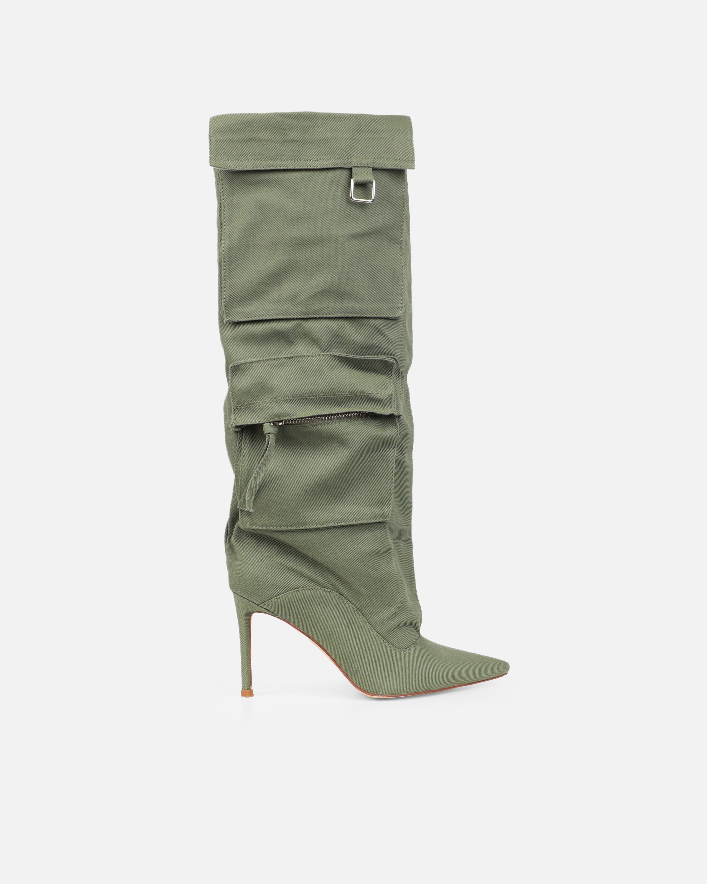 Stan Khaki Canvas Cargo Stiletto Boots