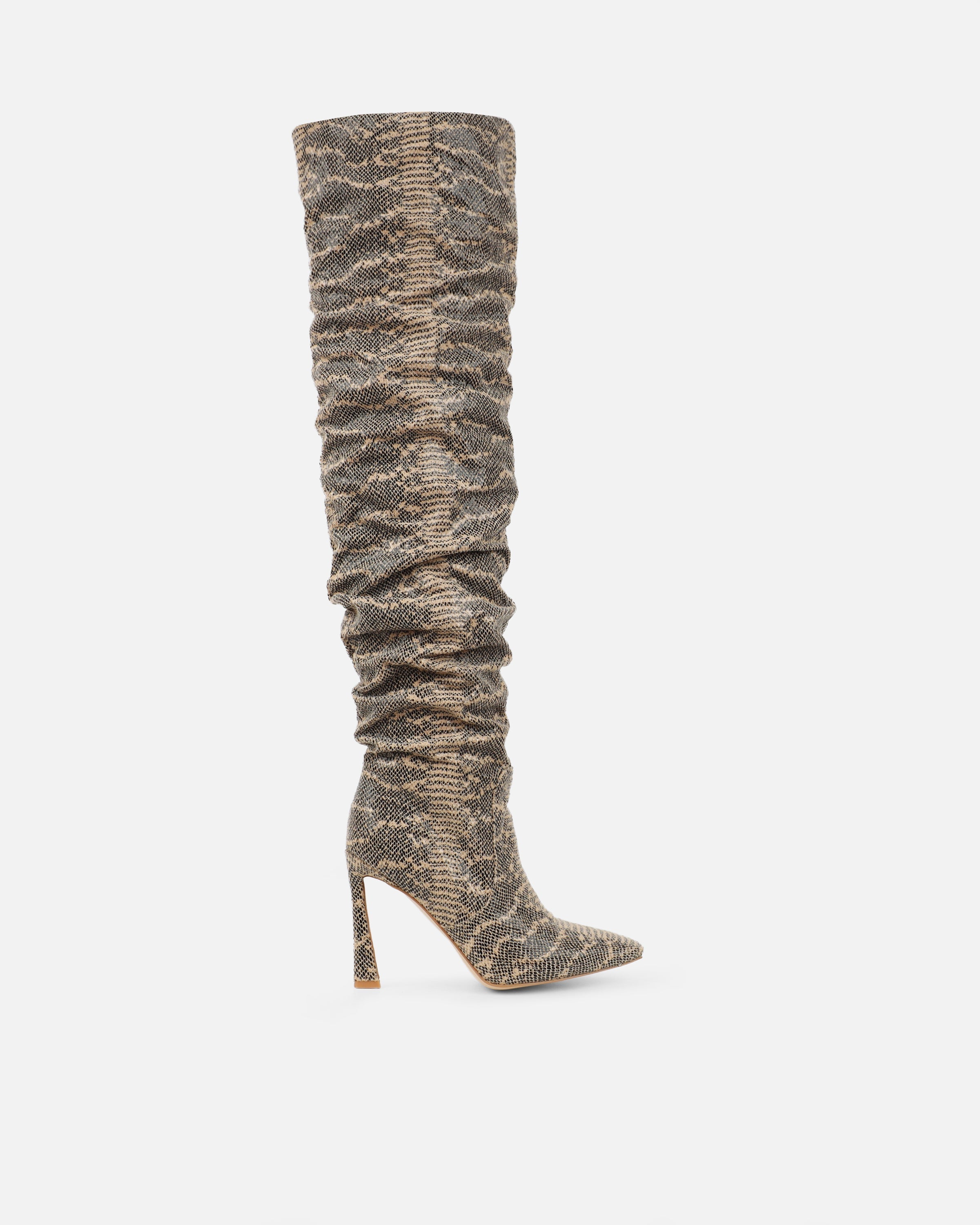 Usher Beige Faux Snake Slouch High Heeled Over The Knee Boots
