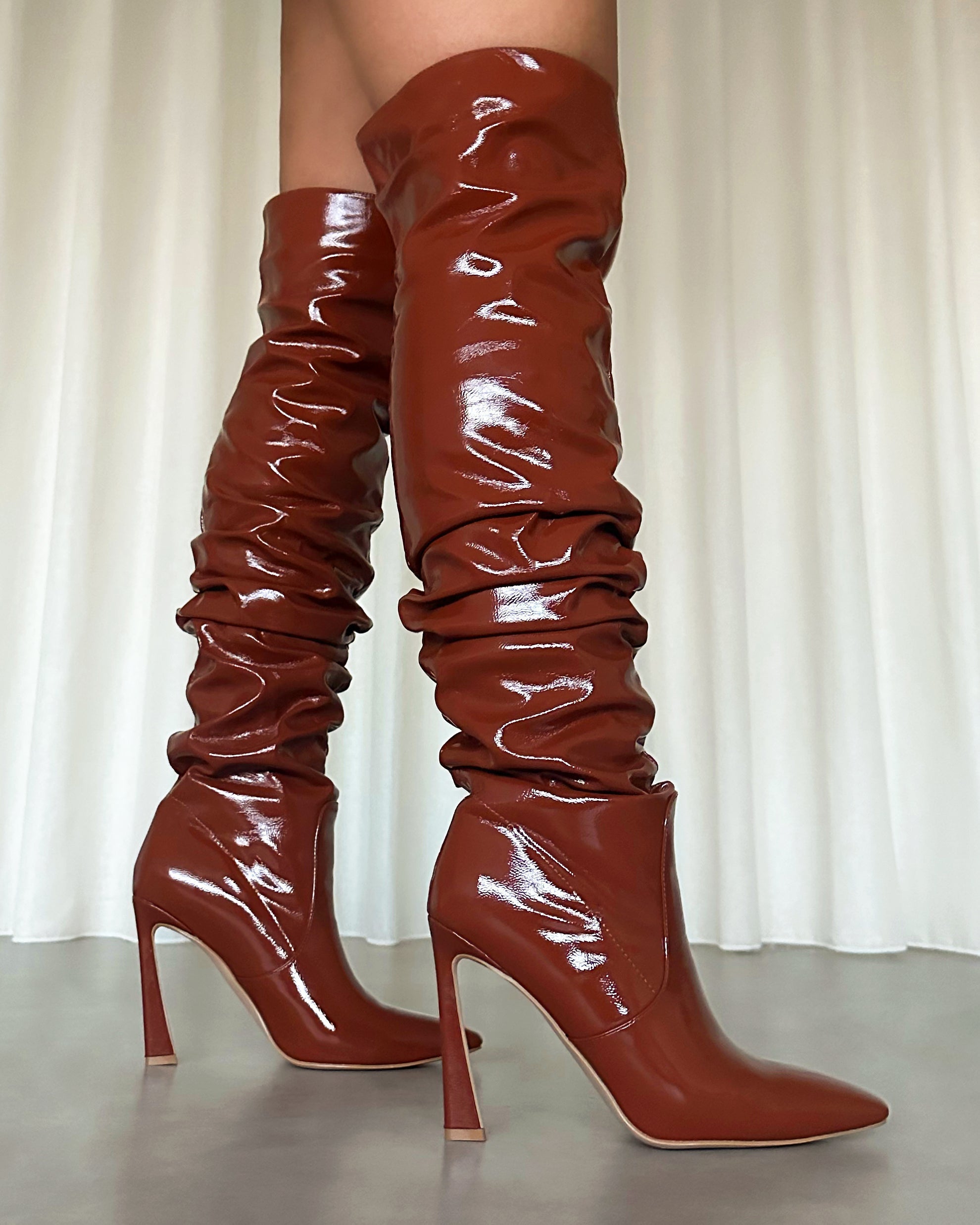 Usher Tan Patent Slouch High Heeled Over The Knee Boots