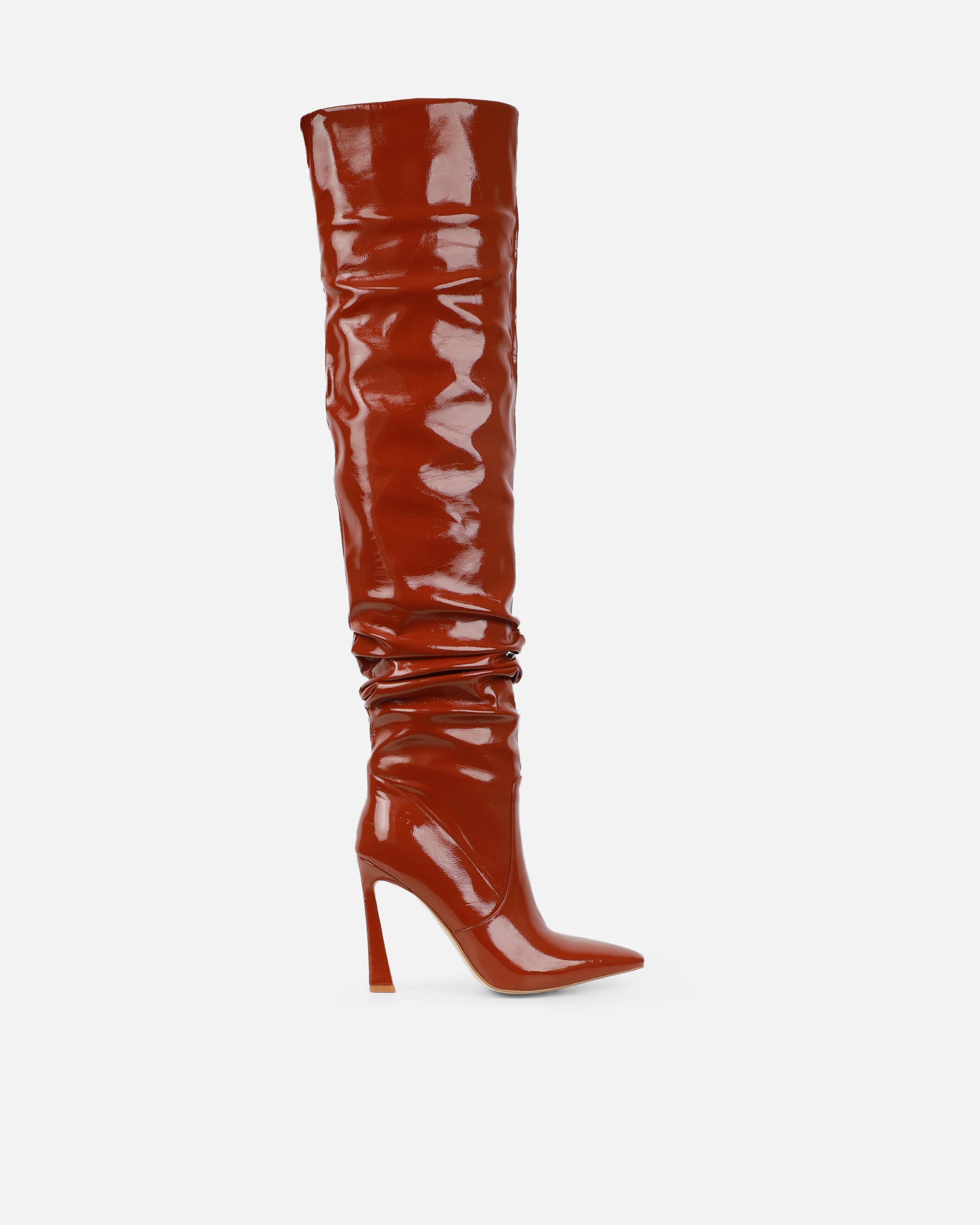 Usher Tan Patent Slouch High Heeled Over The Knee Boots